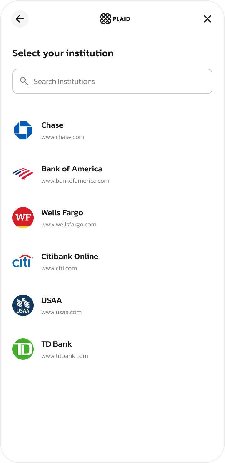 Plaid select institution with bank logos